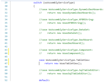 Sample Service Factory with table view service type that has a yellow highlight line on lines 49-50.